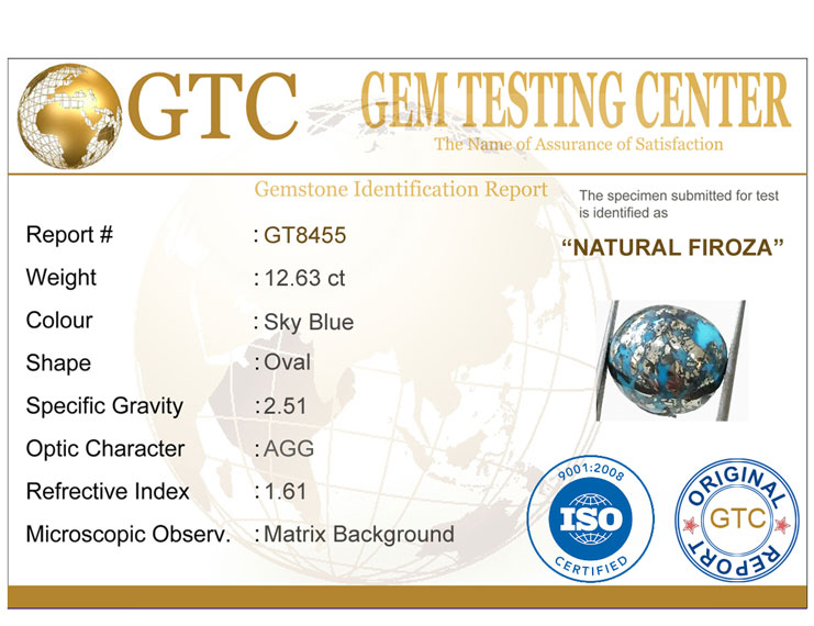 12.63 Ct Natural Irani Firoza (Iranian Turquoise) – Certified Original Gemstone | Gemshub